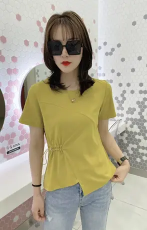 抽绳短袖t恤女2023夏季新款修身显瘦设计感小众洋气别致遮肉上衣商品大图