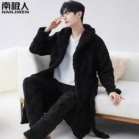 男士睡衣冬季男款珊瑚绒加绒加厚浴袍秋冬款法兰绒纯黑家居服睡袍图片