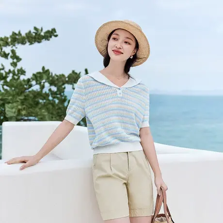 茵曼减龄清新针织衫2023夏女装新款海军领泡泡袖短袖横条纹上衣图片