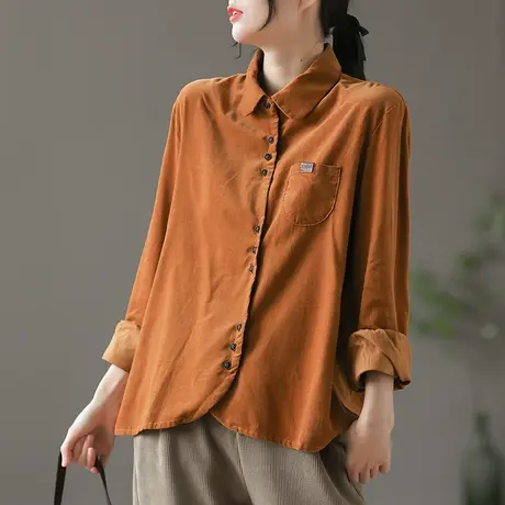 dza 复古翻领纯棉长袖衬衣女士春秋内搭显瘦上衣宽松短款纯色衬衫图片