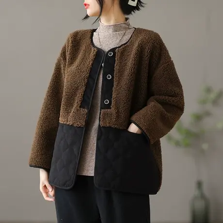 dza 文艺复古短款拼接羊羔绒外套女士冬季百搭短款休闲加厚棉服女图片