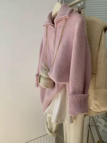 高级感法式翻领半拉链套头毛衣女秋冬潮ins洋气慵懒风针织衫上衣商品大图