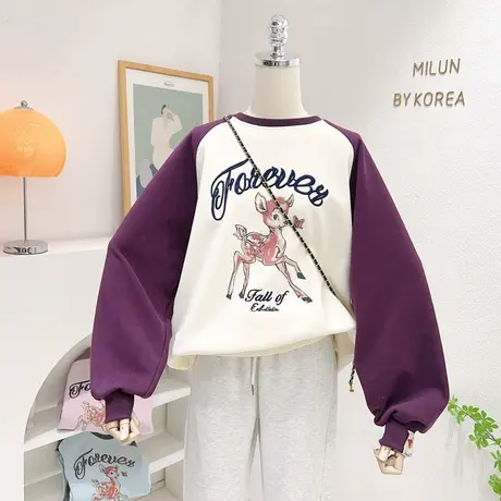 小众设计感上衣韩国东大门ins复古小鹿插肩袖卫衣2023春秋长袖紫商品大图