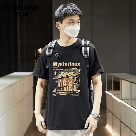 唐狮美式复古纯棉短袖t恤男夏季2025新款男生黑色潮流重磅半袖YB商品大图