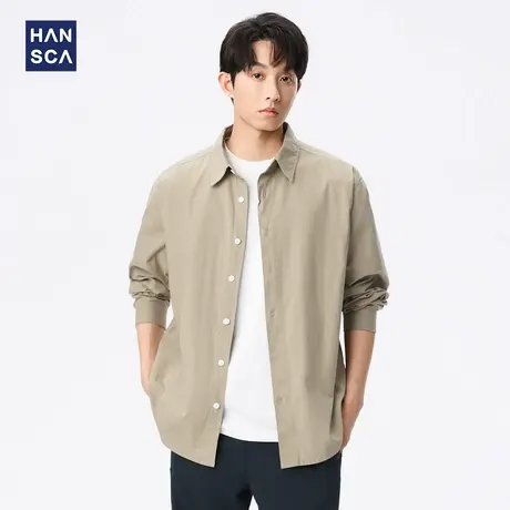 hansca纯棉长袖衬衫外套男2024秋冬季高级感纯色痞帅日系休闲衬衣图片