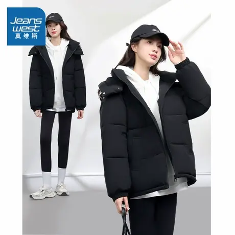 KMV真维斯黑色棉服女2025年新款冬季深秋连帽棉衣外套轻薄小棉袄商品大图