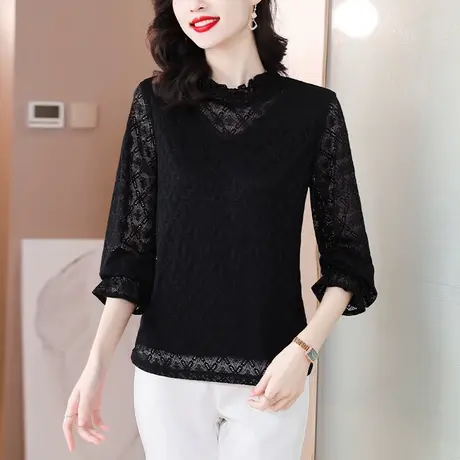 黑色蕾丝打底衫女2023秋季新款洋气立领时尚宽松显瘦内搭长袖小衫图片