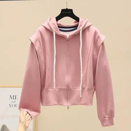 高腰短款纯色连帽卫衣女2023秋季新款韩版双拉链休闲短外套上衣潮商品大图