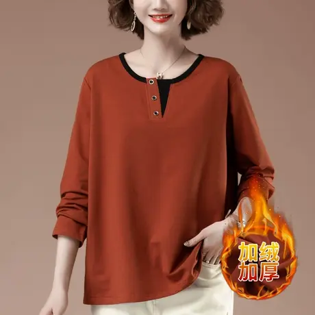 长袖打底衫女秋冬季加肥加大码宽松中年妈妈休闲加绒加厚T恤上衣图片