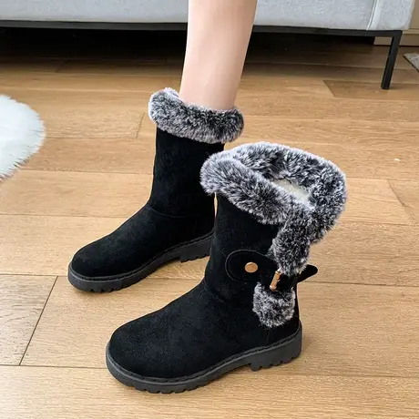 东北雪地靴女2022年新款冬季皮毛一体短靴子加绒加厚保暖中筒棉鞋商品大图