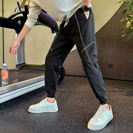 潮牌牛仔裤男秋季痞帅韩版明线束脚九分休闲裤青年小脚哈伦裤卫裤商品大图