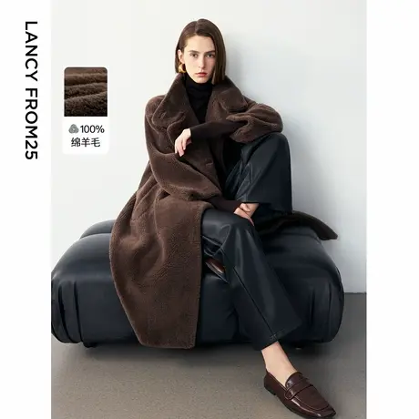 朗姿2024年冬季新款纯羊毛美拉德仿皮草大衣高级感加厚中长款外套图片