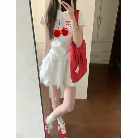 樱桃印花正肩短袖t恤女夏季小众设计感显瘦修身百搭上衣韩版chic商品大图