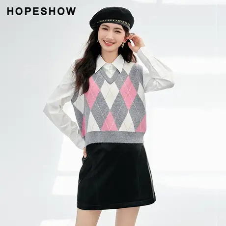 红袖outlets亮丝菱格V领马甲hopeshow2023冬款简约套头针织衫背心图片