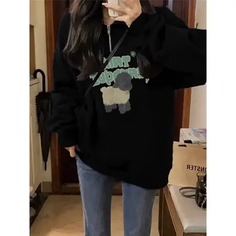 小众设计感卡通无帽卫衣女春秋薄款百搭宽松POLO领半拉链外套上衣商品大图