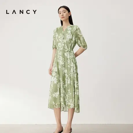 LANCY/朗姿2024夏季新款桑蚕丝小V领法式印花收腰长款连衣裙子女商品大图