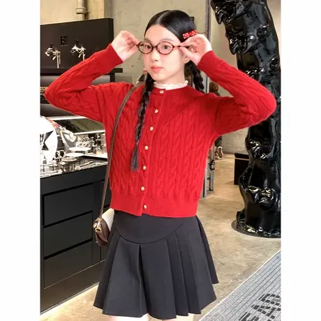 NOW真维斯红色针织衫女2025新款秋冬季设计感学院风毛衣开衫外套图片