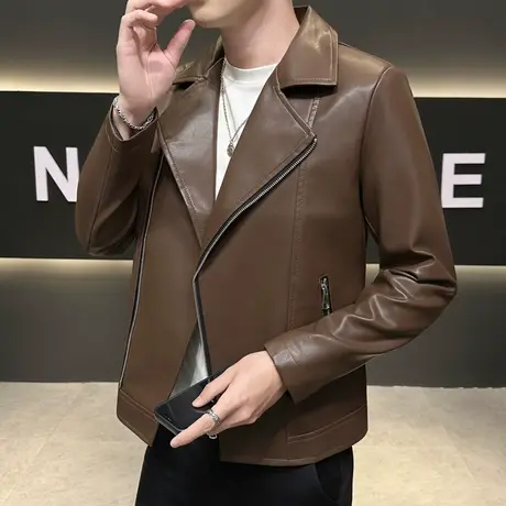 春秋季男士短款翻领皮衣外套韩版潮流炸街机车服白色PU皮夹克风衣商品大图