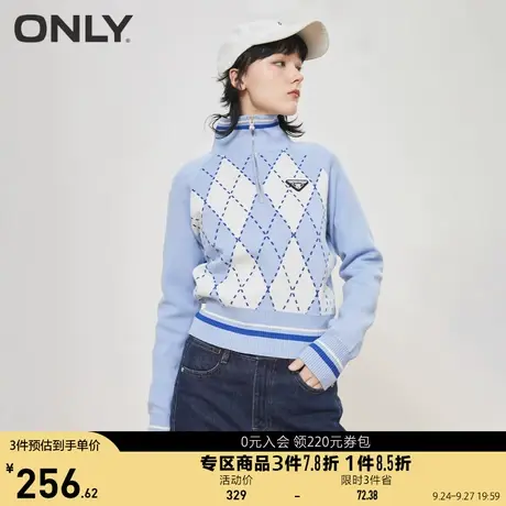 【买5免1】ONLY奥莱夏季休闲菱形格纹拉链半高领针织衫女商品大图