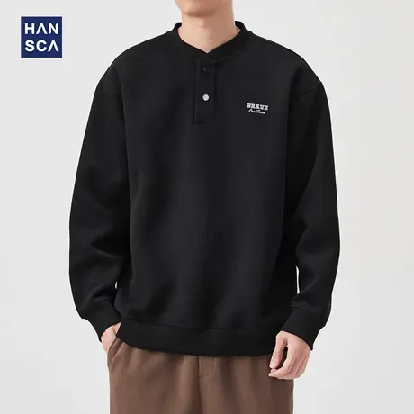 hansca美式复古亨利领卫衣男士420g重磅2025秋季宽松字母绣花上衣商品大图