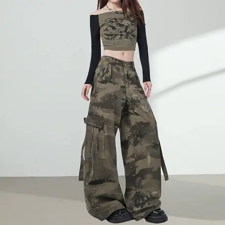 美式迷彩涂鸦工装裤女秋季2025新款高腰宽松显瘦休闲拖地阔腿裤子商品大图