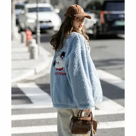 唐狮秋冬女立领撞色一手长羔毛外套可爱宽松休闲毛茸茸通勤休闲TA商品大图