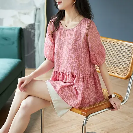 宝诗黎圆领五分袖印花雪纺衫女2023夏季新款宽松小衫时尚休闲上衣商品大图