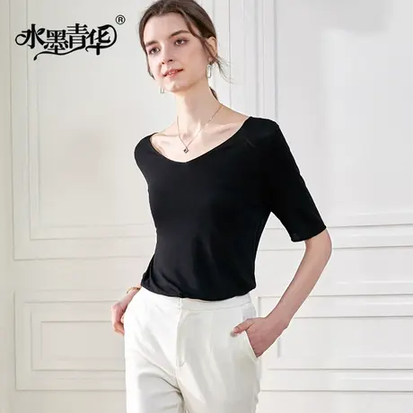 水墨青华2020夏装新品时尚热卖针织衫女百搭亲肤透气套头上衣T恤图片