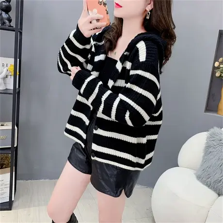 设计感条纹连帽毛衣开衫女秋季2023新款宽松洋气减龄百搭针织外套商品大图