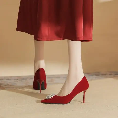 婚鞋新娘鞋高跟鞋女2023年新款秋季水钻细跟尖头单鞋红色浅口婚鞋图片