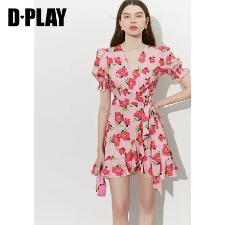 DPLAYins度假粉调蔷薇印花系带荷叶边茶歇连衣裙图片