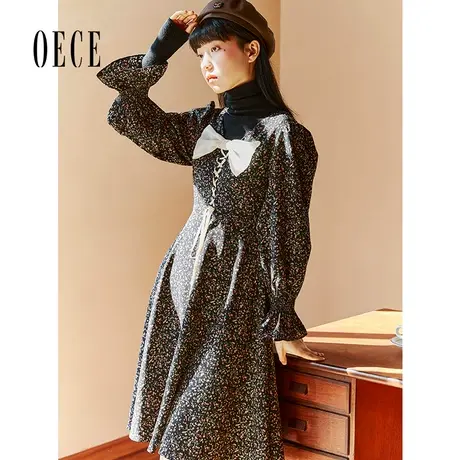 【买1送1】Oece复古碎花裙春秋季女气质设计感长袖碎花连衣裙图片