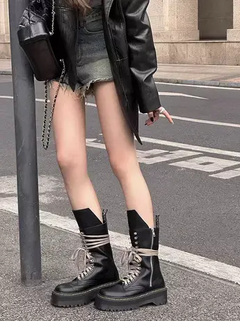 厚底马丁靴女英伦风2023新款薄款小个子增高中筒机车靴绑带短靴潮商品大图