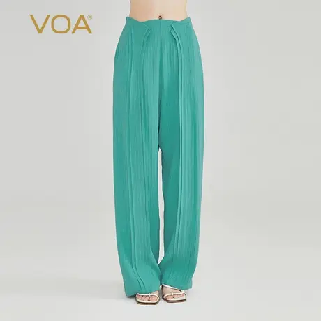 VOA重磅真丝41姆米条纹青蓝连腰活页设计侧插口袋垂坠挺阔直筒裤图片