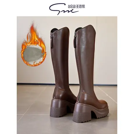 圣恩熙 真皮高筒时装靴新款2023冬季简约后拉链加绒靴子厚底女靴图片