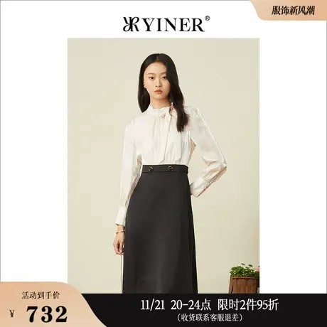 YINER音儿女装春季时尚撞色拼接灯笼袖醋纤连衣裙图片
