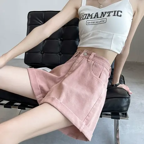 粉色牛仔短裤女2024夏季薄款宽松高腰显瘦卷边a字小个子阔腿热裤商品大图
