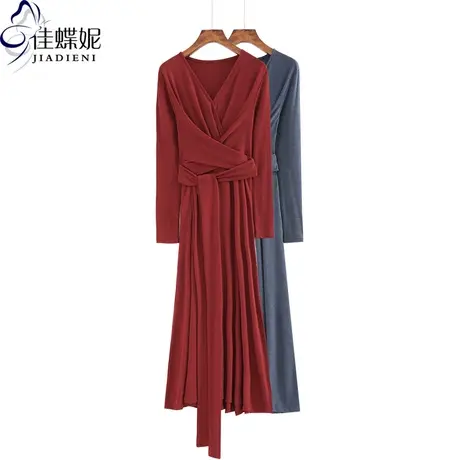 春秋新款V领长袖连衣裙韩版绑带显瘦纯棉宽松休闲加长款女装红色图片