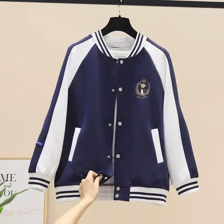 2023春季新款女装韩版宽松学生拼色小熊刺绣拼接棒球服开衫短外套商品大图