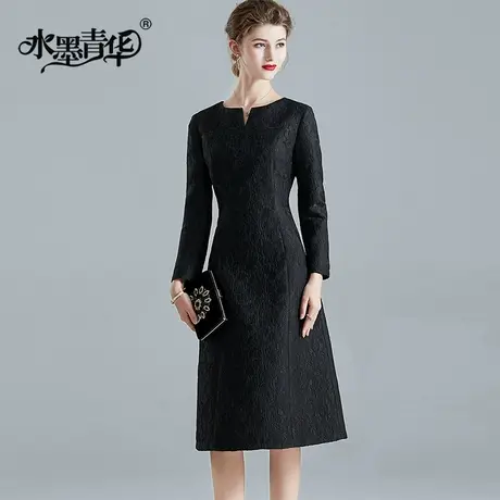 【1件7.9折】秋季新品简约A字裙时尚百搭小黑裙显瘦提花连衣裙图片