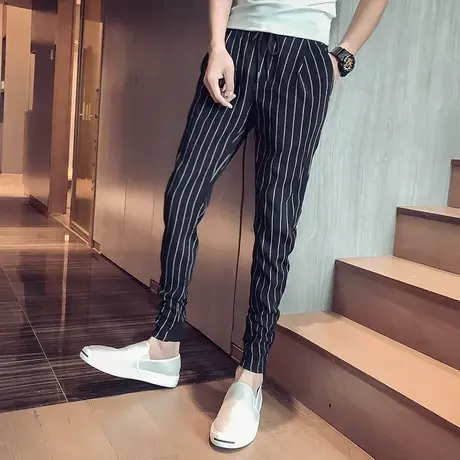 夏季九分休闲裤韩版潮流薄款哈伦裤网红潮牌修身发型师条纹男裤图片