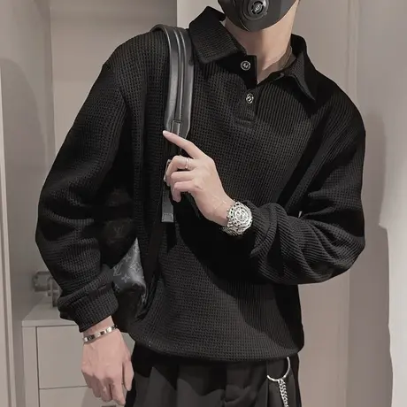 2022春秋季纯色华夫格学生男卫衣潮牌个性休闲网红POLO衫体恤外套图片