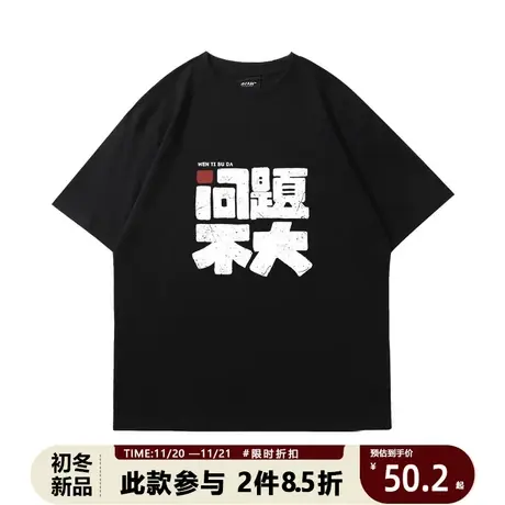 国潮趣味文字问题不大T恤短袖搞笑创意复古纯棉衣服情侣体恤商品大图