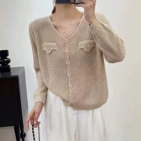 2023秋装新款韩版宽松长袖纯色V领假口袋纽扣针织衫开衫女士毛衣商品大图