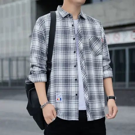 格子衬衫男长袖春秋季港风日系宽松翻领衬衣男士潮牌帅气休闲外套商品大图