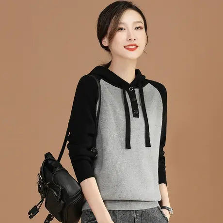 韩潮袭人撞色连帽套头针织衫女上衣设计感小众2024年新款春季毛衣图片