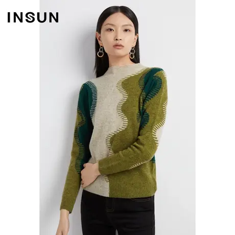 INSUN恩裳奥莱秋季半高领拼接羊毛针织衫图片