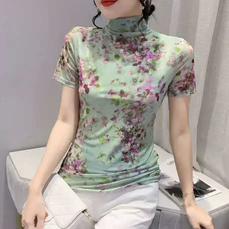 半高领短袖上衣女春装2024新款复古气质妈妈装时尚印花网纱T恤ins商品大图