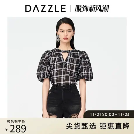 DAZZLE地素奥莱 夏季设计感小众泡泡袖格纹衬衫上衣女图片