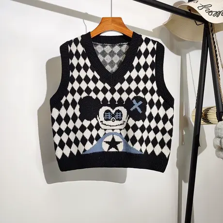 卡通针织马甲女秋冬新款韩版宽松v领菱形格无袖毛衣背心时尚外搭商品大图